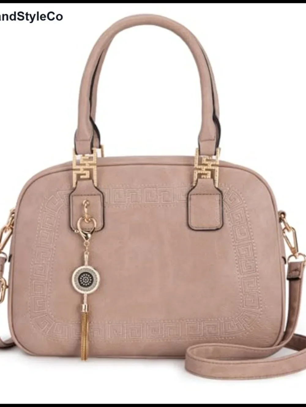 Faux Leather Satchel Crossbody Handbag with Detachable Strap, Greek Key Pattern